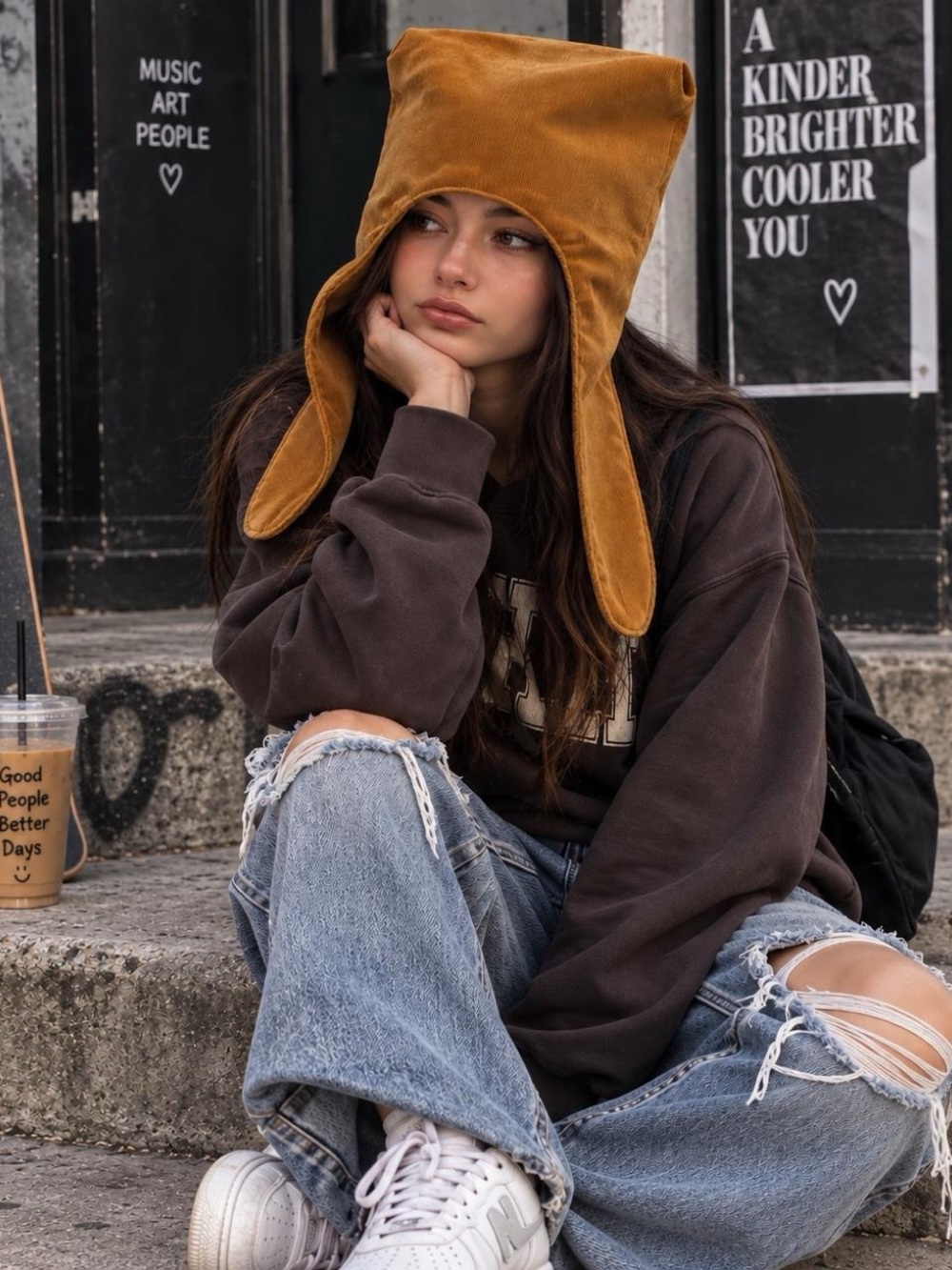 MERIT Mustard Brown Corduroy Bonnet Hood Hat